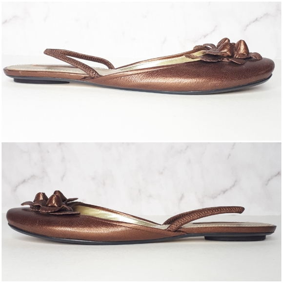 Nine West Bronze Sling Back Shoes 3D Flower Flats - Picture 2 of 7